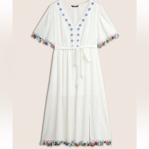 BloomChic Plus Size Lace Collar Woven Ribbon Colored Tassel Trim Belted Dress - Picture 7 of 8